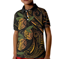 Hawaiian Mango Tribal Tattoo Kid Polo Shirt Gold Pacific Traditional Pattern