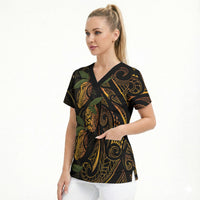 Hawaiian Mango Tribal Tattoo Scrub Top Gold Pacific Traditional Pattern