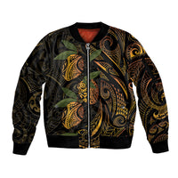 Hawaiian Mango Tribal Tattoo Sleeve Zip Bomber Jacket Gold Pacific Traditional Pattern