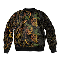 Hawaiian Mango Tribal Tattoo Sleeve Zip Bomber Jacket Gold Pacific Traditional Pattern