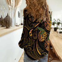 Hawaiian Mango Tribal Tattoo Women Casual Shirt Gold Pacific Traditional Pattern