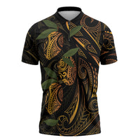 Hawaiian Mango Tribal Tattoo Zipper Polo Shirt Gold Pacific Traditional Pattern