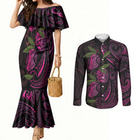 Hawaiian Mango Tribal Tattoo Couples Matching Mermaid Dress and Long Sleeve Button Shirt Pink Pacific Traditional Pattern