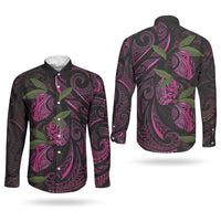Hawaiian Mango Tribal Tattoo Couples Matching Off Shoulder Maxi Dress and Long Sleeve Button Shirt Pink Pacific Traditional Pattern