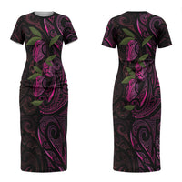 Hawaiian Mango Tribal Tattoo Couples Matching Short Sleeve Bodycon Dress and Long Sleeve Button Shirt Pink Pacific Traditional Pattern