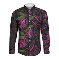 Hawaiian Mango Tribal Tattoo Long Sleeve Button Shirt Pink Pacific Traditional Pattern