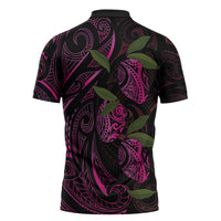 Hawaiian Mango Tribal Tattoo Zipper Polo Shirt Pink Pacific Traditional Pattern