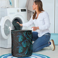 Hawaiian Mango Tribal Tattoo Laundry Basket Teal Pacific Traditional Pattern