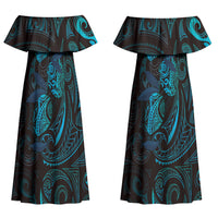 Hawaiian Mango Tribal Tattoo Couples Matching Off Shoulder Maxi Dress and Long Sleeve Button Shirt Teal Pacific Traditional Pattern