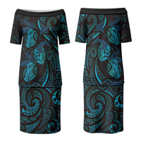 Hawaiian Mango Tribal Tattoo Couples Matching Puletasi and Long Sleeve Button Shirt Teal Pacific Traditional Pattern