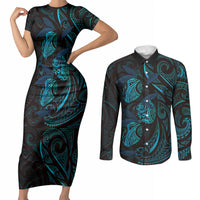 Hawaiian Mango Tribal Tattoo Couples Matching Short Sleeve Bodycon Dress and Long Sleeve Button Shirt Teal Pacific Traditional Pattern