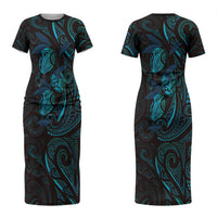 Hawaiian Mango Tribal Tattoo Couples Matching Short Sleeve Bodycon Dress and Long Sleeve Button Shirt Teal Pacific Traditional Pattern