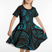 Hawaiian Mango Tribal Tattoo Kid Short Sleeve Dress Teal Pacific Traditional Pattern