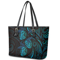 Hawaiian Mango Tribal Tattoo Leather Tote Bag Teal Pacific Traditional Pattern