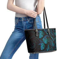 Hawaiian Mango Tribal Tattoo Leather Tote Bag Teal Pacific Traditional Pattern