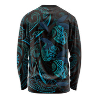 Hawaiian Mango Tribal Tattoo Long Sleeve Shirt Teal Pacific Traditional Pattern