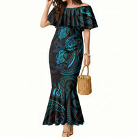 Hawaiian Mango Tribal Tattoo Mermaid Dress Teal Pacific Traditional Pattern
