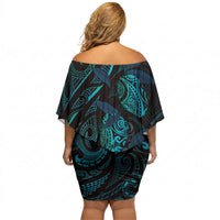 Hawaiian Mango Tribal Tattoo Off Shoulder Short Dress Teal Pacific Traditional Pattern