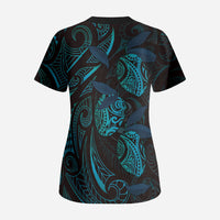 Hawaiian Mango Tribal Tattoo Scrub Top Teal Pacific Traditional Pattern