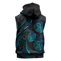 Hawaiian Mango Tribal Tattoo Sleeveless Hoodie Teal Pacific Traditional Pattern