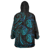 Hawaiian Mango Tribal Tattoo Wearable Blanket Hoodie Teal Pacific Traditional Pattern