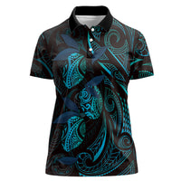 Hawaiian Mango Tribal Tattoo Women Polo Shirt Teal Pacific Traditional Pattern
