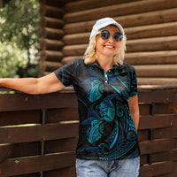 Hawaiian Mango Tribal Tattoo Women Polo Shirt Teal Pacific Traditional Pattern