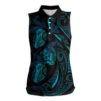 Hawaiian Mango Tribal Tattoo Women Sleeveless Polo Shirt Teal Pacific Traditional Pattern