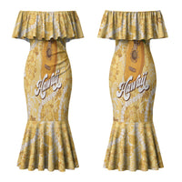 Hawaiian Mango Ukulele Couples Matching Mermaid Dress and Long Sleeve Button Shirt Retro Yellow Hibiscus Pikake Lei