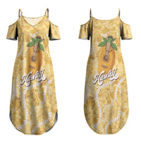 Hawaiian Mango Ukulele Couples Matching Summer Maxi Dress and Long Sleeve Button Shirt Retro Yellow Hibiscus Pikake Lei