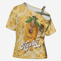 Hawaiian Mango Ukulele Cross Shoulder Shirt Retro Yellow Hibiscus Pikake Lei