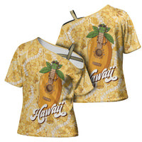 Hawaiian Mango Ukulele Cross Shoulder Shirt Retro Yellow Hibiscus Pikake Lei