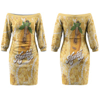 Hawaiian Mango Ukulele Family Matching Off The Shoulder Long Sleeve Dress and Hawaiian Shirt Retro Yellow Hibiscus Pikake Lei