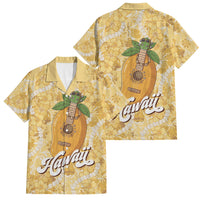 Hawaiian Mango Ukulele Family Matching Off The Shoulder Long Sleeve Dress and Hawaiian Shirt Retro Yellow Hibiscus Pikake Lei