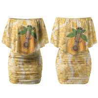 Hawaiian Mango Ukulele Family Matching Off Shoulder Short Dress and Hawaiian Shirt Retro Yellow Hibiscus Pikake Lei