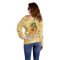 Hawaiian Mango Ukulele Off Shoulder Sweater Retro Yellow Hibiscus Pikake Lei