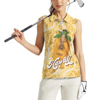 Hawaiian Mango Ukulele Women Sleeveless Polo Shirt Retro Yellow Hibiscus Pikake Lei