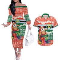 Personalised Penama Joyeux Noel Couples Matching Off The Shoulder Long Sleeve Dress and Hawaiian Shirt Proud To Be a Ni-Van Sand Drawing Art - Polynesian Pride