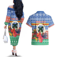 Personalised Tafea Joyeux Noel Couples Matching Off The Shoulder Long Sleeve Dress and Hawaiian Shirt Proud To Be a Ni-Van Sand Drawing Art - Polynesian Pride