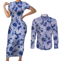 Mokihana Maile Ilima Leis Paniolo Palaka Couples Matching Short Sleeve Bodycon Dress and Long Sleeve Button Shirt Hawaiian Polu Spirit LT9 Blue - Polynesian Pride