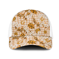 Mokihana Maile Ilima Leis Paniolo Palaka Mesh Trucker Cap Hawaiian Kula Spirit LT9 One Size White Gold - Polynesian Pride