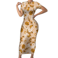 Mokihana Maile Ilima Leis Paniolo Palaka Short Sleeve Bodycon Dress Hawaiian Kula Spirit LT9 Long Dress Gold - Polynesian Pride