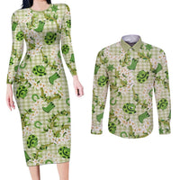 Mokihana Maile Ilima Leis Paniolo Palaka Couples Matching Long Sleeve Bodycon Dress and Long Sleeve Button Shirt Hawaiian Omaomo Ala Spirit - Polynesian Pride