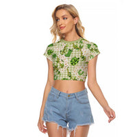 Mokihana Maile Ilima Leis Paniolo Palaka Raglan Cropped T Shirt Hawaiian Omaomo Ala Spirit LT9 Female Green - Polynesian Pride