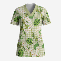 Mokihana Maile Ilima Leis Paniolo Palaka Scrub Top Hawaiian Omaomo Ala Spirit LT9 Adult Green - Polynesian Pride