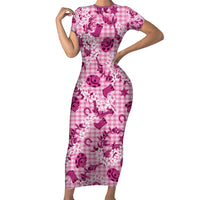 Mokihana Maile Ilima Leis Paniolo Palaka Short Sleeve Bodycon Dress Hawaiian Omaomo Ulaula Spirit - Polynesian Pride