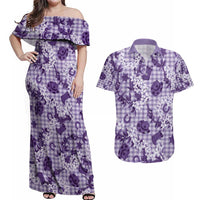 Mokihana Maile Ilima Leis Paniolo Palaka Couples Matching Off Shoulder Maxi Dress and Hawaiian Shirt Hawaiian Poni Spirit LT9 Purple - Polynesian Pride