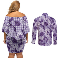Mokihana Maile Ilima Leis Paniolo Palaka Couples Matching Off Shoulder Short Dress and Long Sleeve Button Shirt Hawaiian Poni Spirit - Polynesian Pride