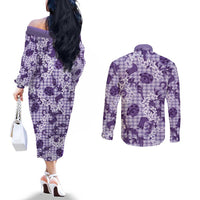 Mokihana Maile Ilima Leis Paniolo Palaka Couples Matching Off The Shoulder Long Sleeve Dress and Long Sleeve Button Shirt Hawaiian Poni Spirit - Polynesian Pride