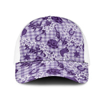Mokihana Maile Ilima Leis Paniolo Palaka Mesh Trucker Cap Hawaiian Poni Spirit LT9 One Size White Purple - Polynesian Pride